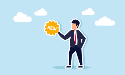 A businessman carries a sign labeled NEW, illustration of a new arrival business product or service