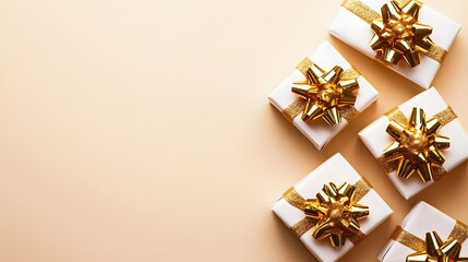 Elegant Gold Bow Gifts Beige Background Luxury Present