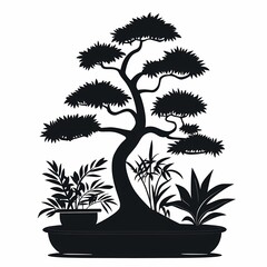Bonsai Tree Silhouette Art: Black and White Botanical Decor for Tranquil Home Gardening