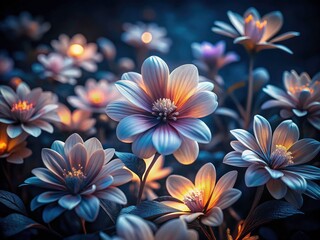 Fototapeta premium Night Photography Grey White Floral Pattern - Elegant Dark Bloom Wallpaper