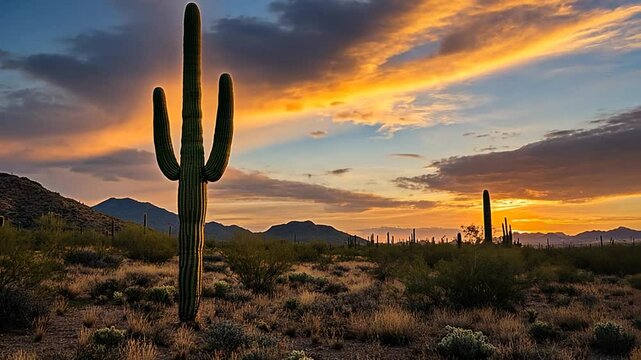 Majestic saguaro cactus silhouetted against a vibrant Arizona desert sunset landscape scene