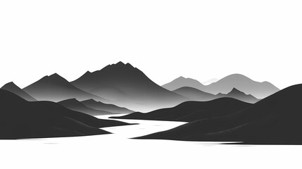 Black and White River Landscape: Minimalist Mountains and Forest Reflection in Tranquil Nature Photography