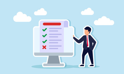 A businessman stands next to a monitor showing a checklist with check and uncheck marks, illustration of task list or product approval and rejection