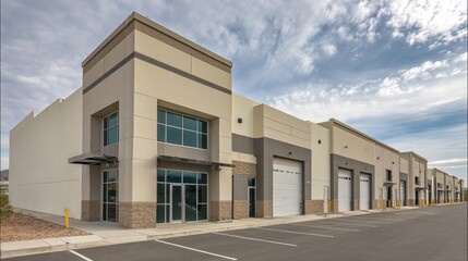 Modern Beige Industrial Building Exterior Design Contemporary Commercial Real Estate Property Architecture Spacious Warehouse Units New Development   