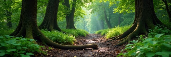 Obraz premium Muddy forest floor with ancient trees and overgrown foliage, forest floor, greenery