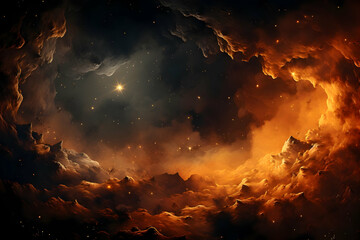 Dramatic Celestial Nebula Cloudscape with Sparkling Starfield in Deep Space with Orange and Black Color Scheme