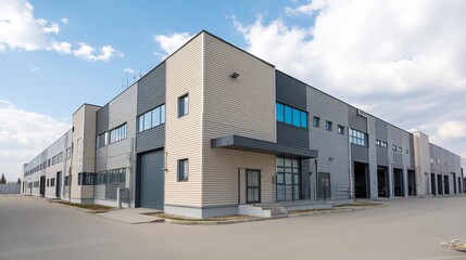 Fototapeta premium Modern Industrial Building Exterior Design Beige Gray Metal Facade Commercial Real Estate Property Architecture New Construction Development Business 