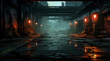 Gritty Urban Pixel Art Scene Featuring Dark Alleyway with Orange Lights Wet Street and Industrial Decay