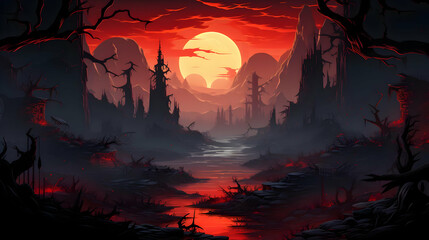 Dystopian Pixel Art Landscape Featuring Red Sunset Silhouette of Trees Mountain Valley and River Gothic Horror Eerie and Retro Style Background