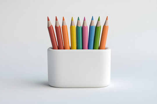 Set of colorful pencils standing upright in a white cup on a minimalist background - Powered by Adobe