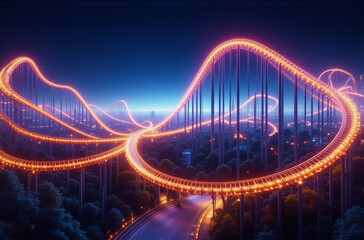 Obraz premium A glowing orange rollercoaster track winds through a dark landscape at night, illuminated against a deep blue sky. The ride twists and turns, creating a vibrant light trail.