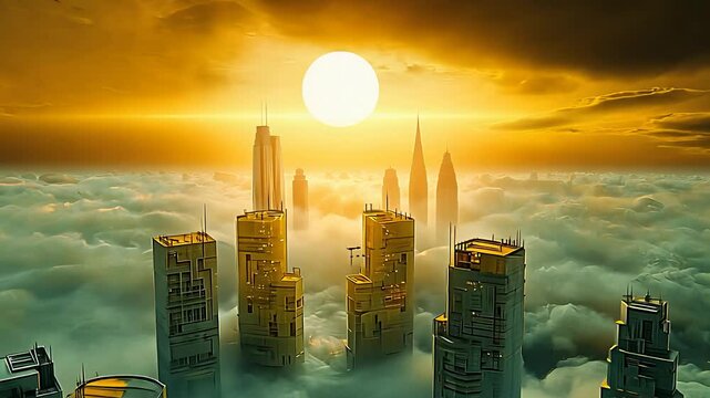 City Skyline Above the Clouds at Sunset with Tall Skyscrapers and Sun Glow

