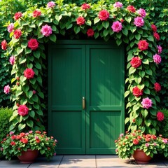 Fototapeta premium Lush green trellis with vibrant climbing flowers, vines, blossoms