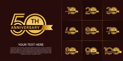 Anniversary logo type set with double line number. golden color with small ribbon for celebration event