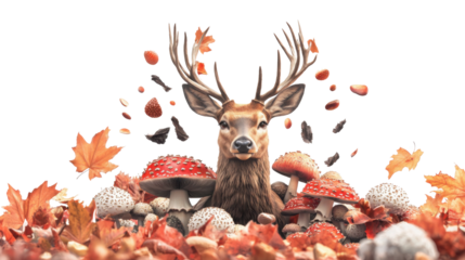 A deer with majestic antlers resting in a lush autumnal forest filled with vibrant leaves and colorful mushrooms