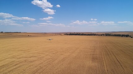 Obraz premium A drone surveying a large grain field, providing data for farmers to make informed decisions, open space for copy in the sky