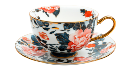 Elegant and ornate ceramic cup and saucer featuring a vibrant floral pattern in shades of red pink and gray with a decorative gold tone handle