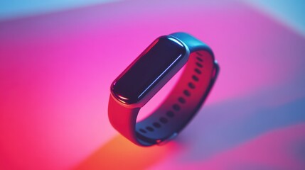 A fitness tracker resting on a solid color surface with a blurred background, leaving room for branding or text.