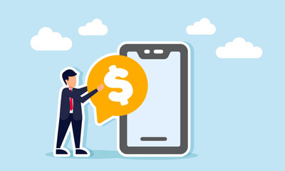 A businessman stands beside a smartphone holding a chat dialog with a dollar sign, illustration of discussing the benefits of business digitalization