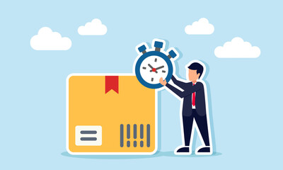 A businessman holds a stopwatch while standing next to a package box, illustration of delivery deadline in logistics shipping