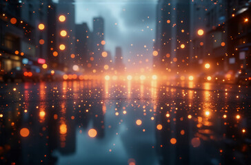 Obraz premium City street at night, rain-slicked surface reflecting city lights with a bokeh effect. Futuristic urban scene with a vibrant, glowing ambiance.