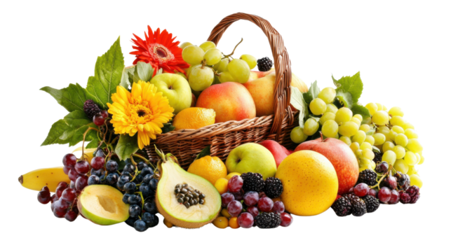 A rustic wicker basket overflowing with an abundance of ripe colorful fruits and vibrant floral accents creating a of the autumn harvest season