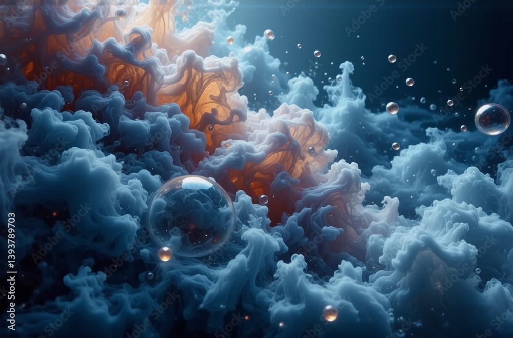 Wall mural ethereal cloudscape with blue and orange hues and floating bubbles in a dark setting. abstract and d