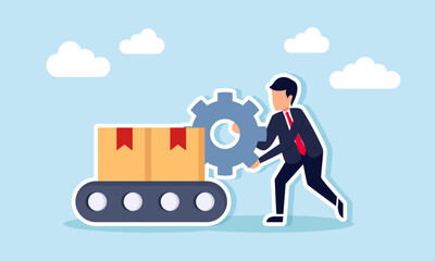 A businessman carries a gear toward a package distribution machine, illustration of maintenance system in logistics business