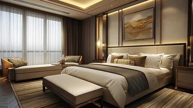 Modern luxury bedroom with elegant furnishings, soft lighting, and serene atmosphere
