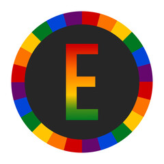 LGBTQ Rainbow Gradient Capital Letter “E” Icon - Bold Letter E with Vibrant Rainbow Gradient on Black Background, Encircled by a Multicolor Ring Representing Pride and Inclusivity.