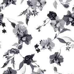 Floral seamless pattern features orchids and leaves in various shades of gray on white background. The flowers and leaves have a painterly, slightly abstract quality