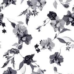 Fototapeten Floral seamless pattern features orchids and leaves in various shades of gray on white background. The flowers and leaves have a painterly, slightly abstract quality © momosama