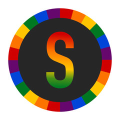 LGBTQ Rainbow Gradient Capital Letter “S” Icon - Bold Letter S with Vibrant Rainbow Gradient on Black Background, Encircled by a Multicolor Ring Representing Pride and Inclusivity.