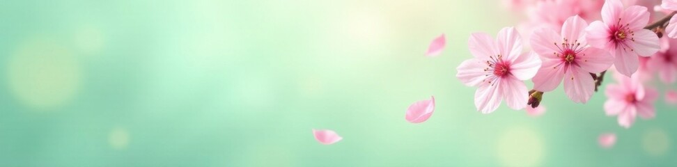 Obraz premium Pink sakura petals falling softly on a pastel green background, pastel colors, delicate details