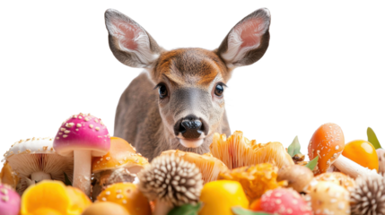 A captivating scene of a curious deer surrounded by a diverse array of colorful forest mushrooms in a lush natural environment