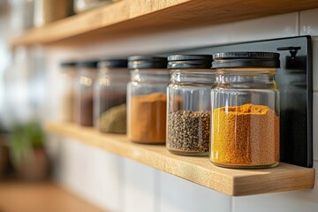 Various spices neatly organized inside glass jars on wooden shelves