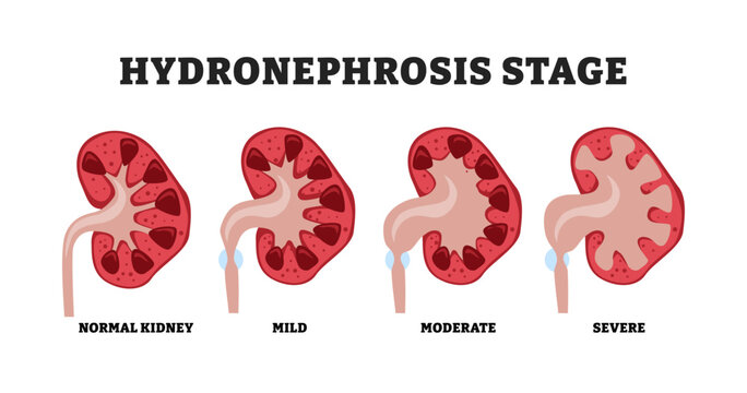 Stages of hydronephrosis stages, educational medical poster design healthcare scheme, labeled normal or healthy kidney, mild, moderate, severe, minimal dilation, kidney damage disease. 