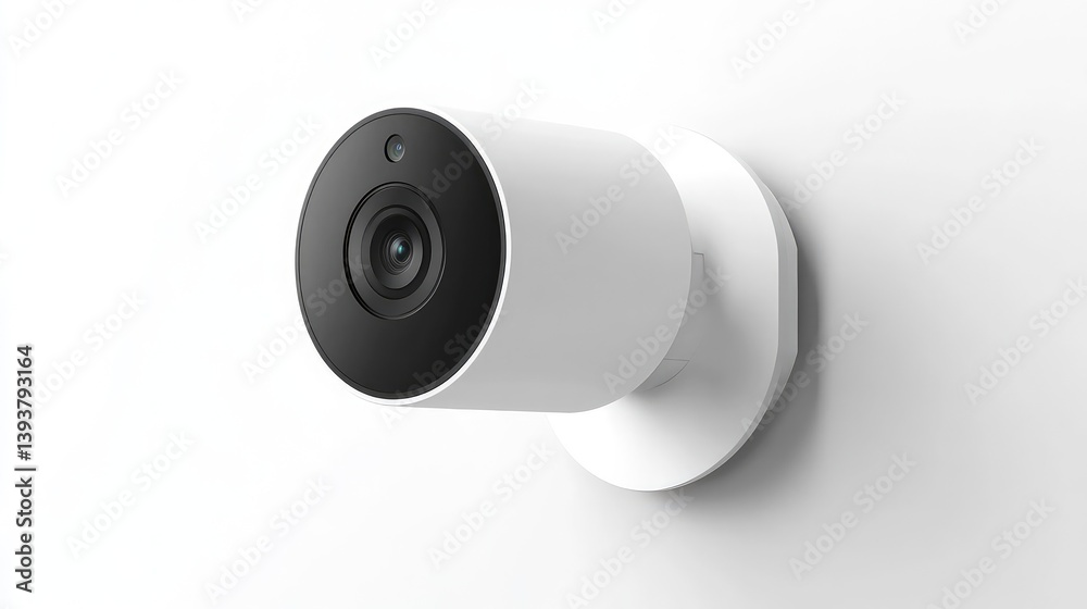 Poster a smart security camera mounted on a wall with a clean background and ample space for text.