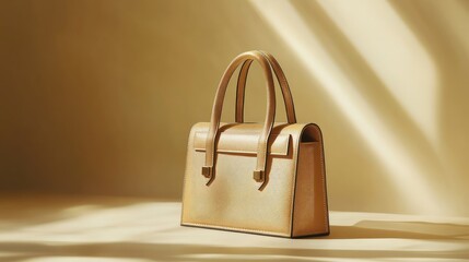 Fototapeta premium A structured handbag with geometric details, placed on a light backdrop with space around it for logos or advertising text.