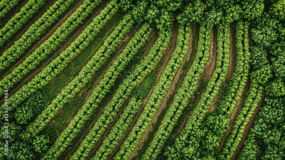 Poster a top-down view of a drone flying over rows of crops, capturing images for yield prediction and dise
