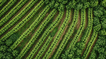A top-down view of a drone flying over rows of crops, capturing images for yield prediction and disease detection, plenty of room for copy