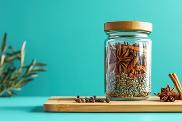 A clear glass jar holding various spices on a wooden surface