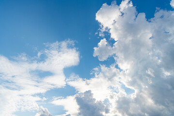 Beautiful view of blue sky with clouds at sunrise. Sky clouds background. Partly cloudy. Background cloud summer. Sky cloud clear with sunset. Natural sky