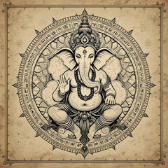 Naklejka premium Ganesha Illustration in Mandala Style with Detailed Lines on Vintage Paper