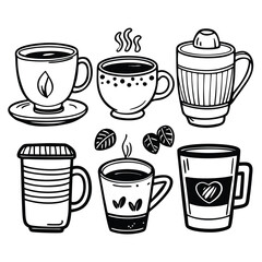 Hand-Drawn Coffee Cup Doodle Set – 6 Unique Black and White Illustrations