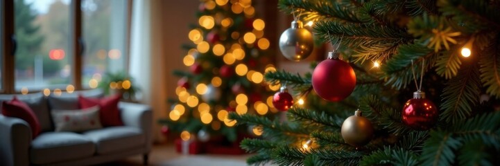 Fototapeta premium Ornamented Christmas tree with hanging ornaments and lights in a warm and cozy living room, home interior, lights