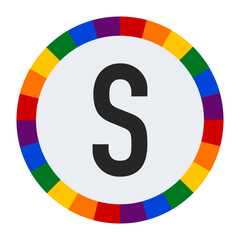 Bold Capital Letter S in Center of Colorful Circular Rainbow Border on Light Gray Background.
