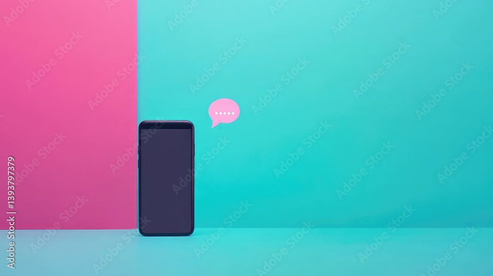 Poster minimalistic setup with only a smartphone and message bubble outline on a plain color background, lo