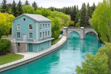 A hydroelectric power station with water flowing rapidly through turbines
