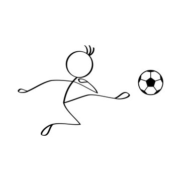 Stick figure of a football soccer player kick the ball action schene and illustration.